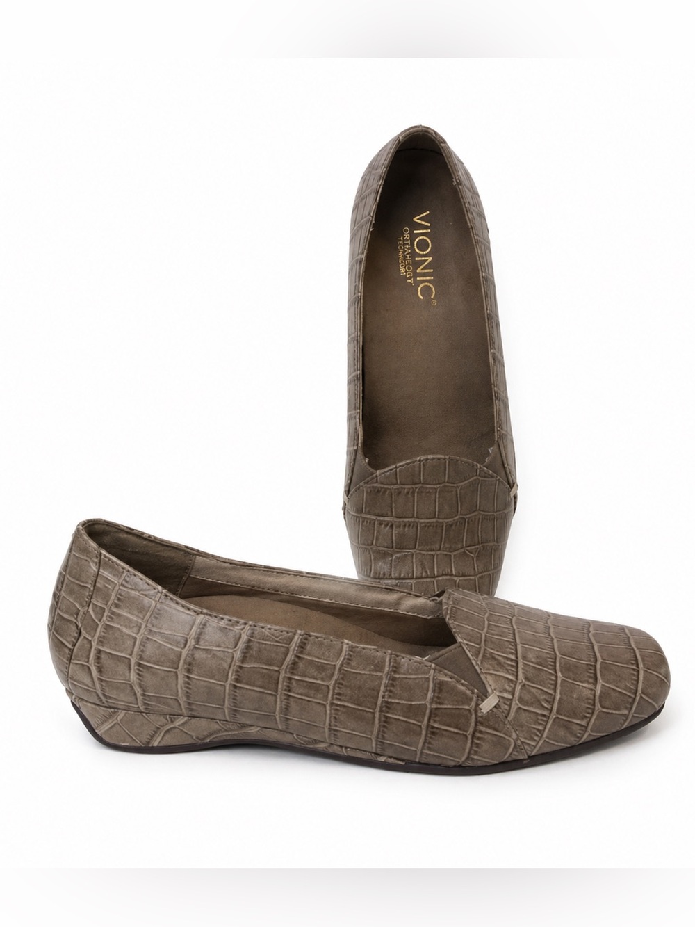 VIONIC Women's Taupe Croc-Embossed Orthaheel Slip-On Loafer 8